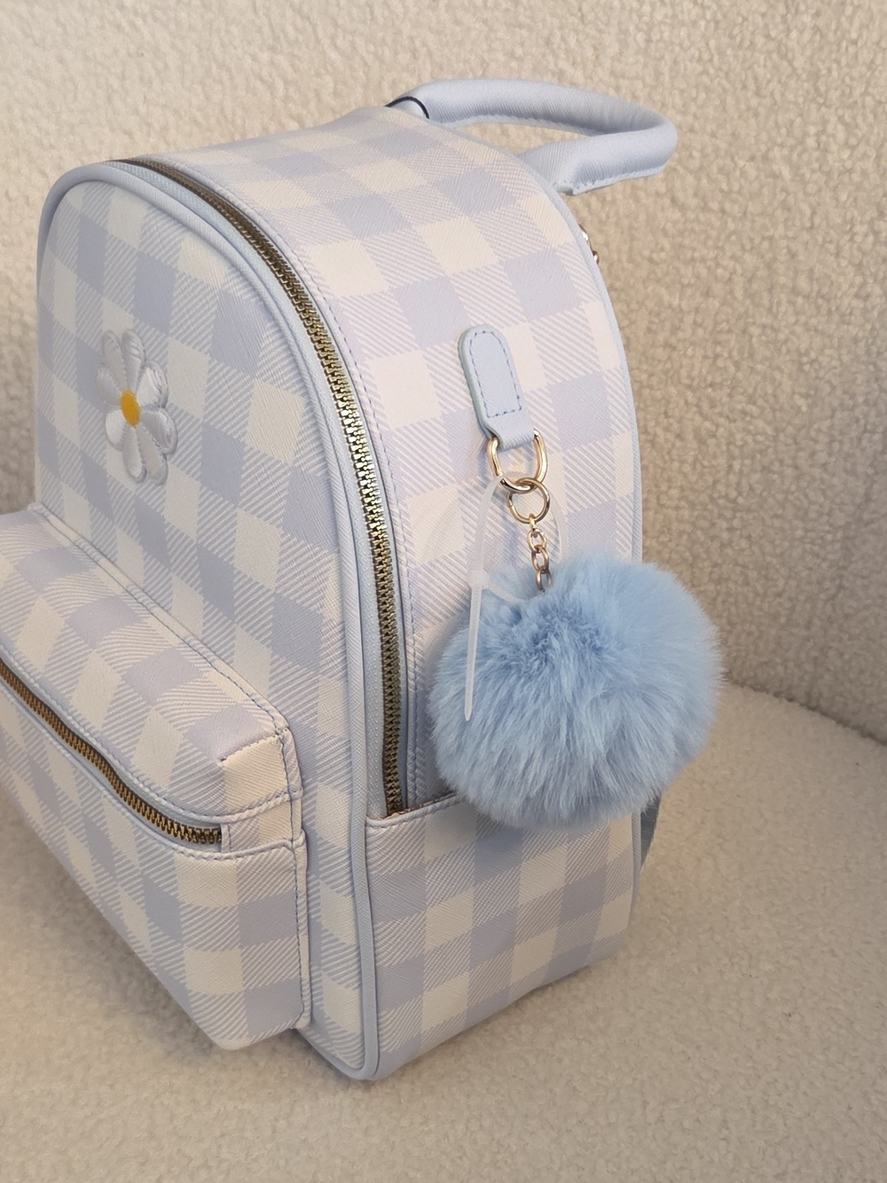 Light Blue Check Mini Backpack with Daisy Accent and Pom Charm